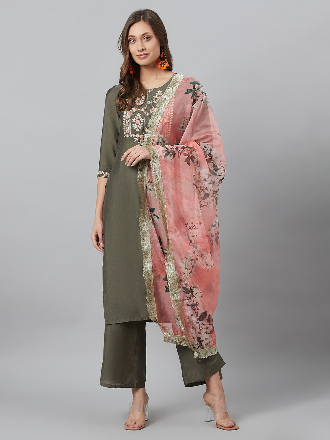 Grey Embroidered Kurta Palazzo With Dupatta - Elganza
