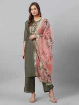 Grey Embroidered Kurta Palazzo With Dupatta - Elganza