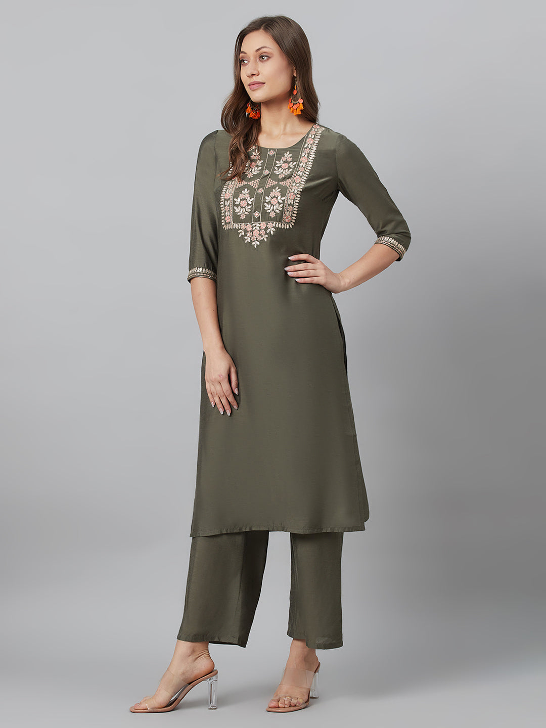 Grey Embroidered Kurta Palazzo With Dupatta - Elganza