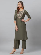 Grey Embroidered Kurta Palazzo With Dupatta - Elganza