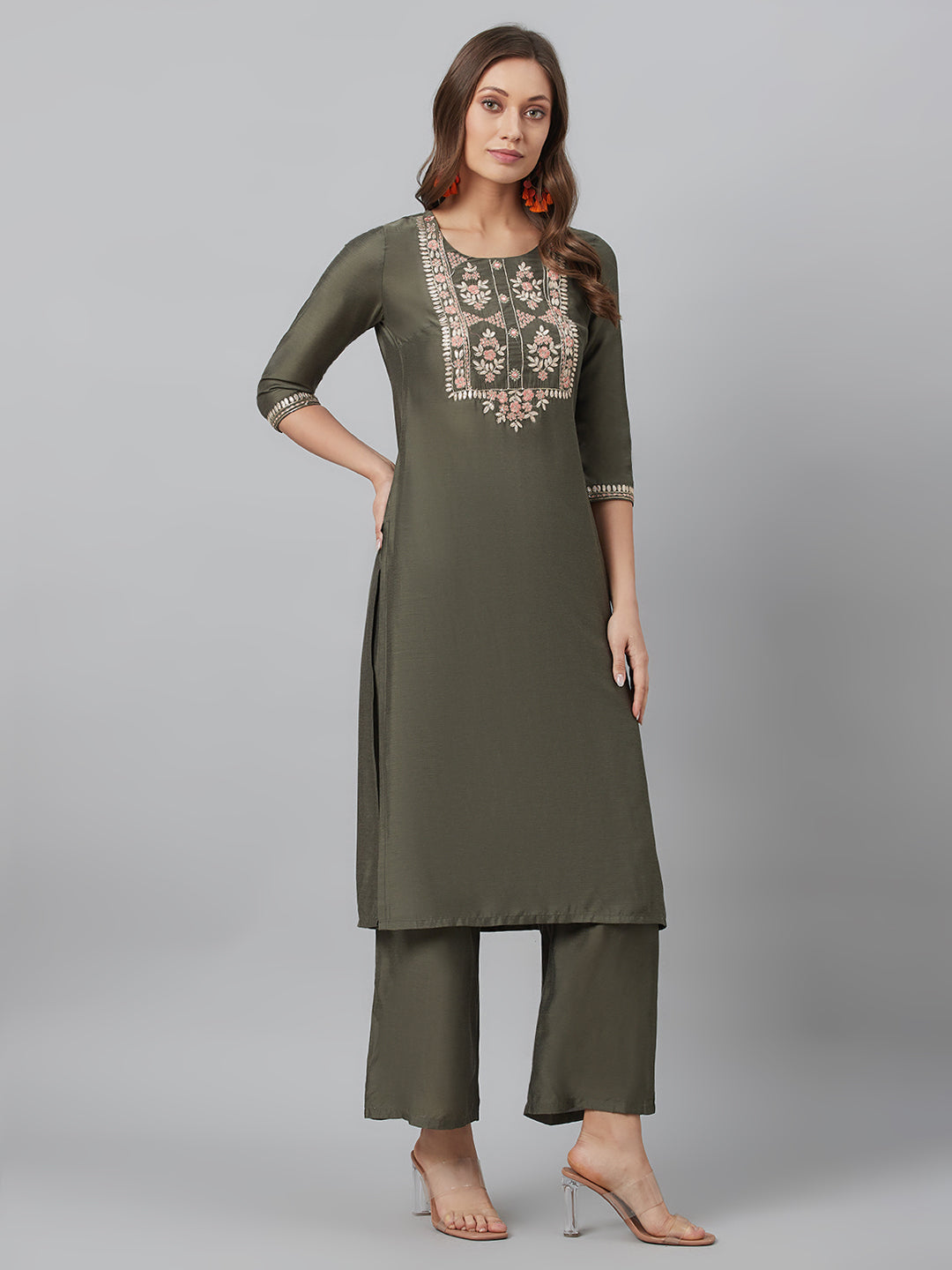 Grey Embroidered Kurta Palazzo With Dupatta - Elganza