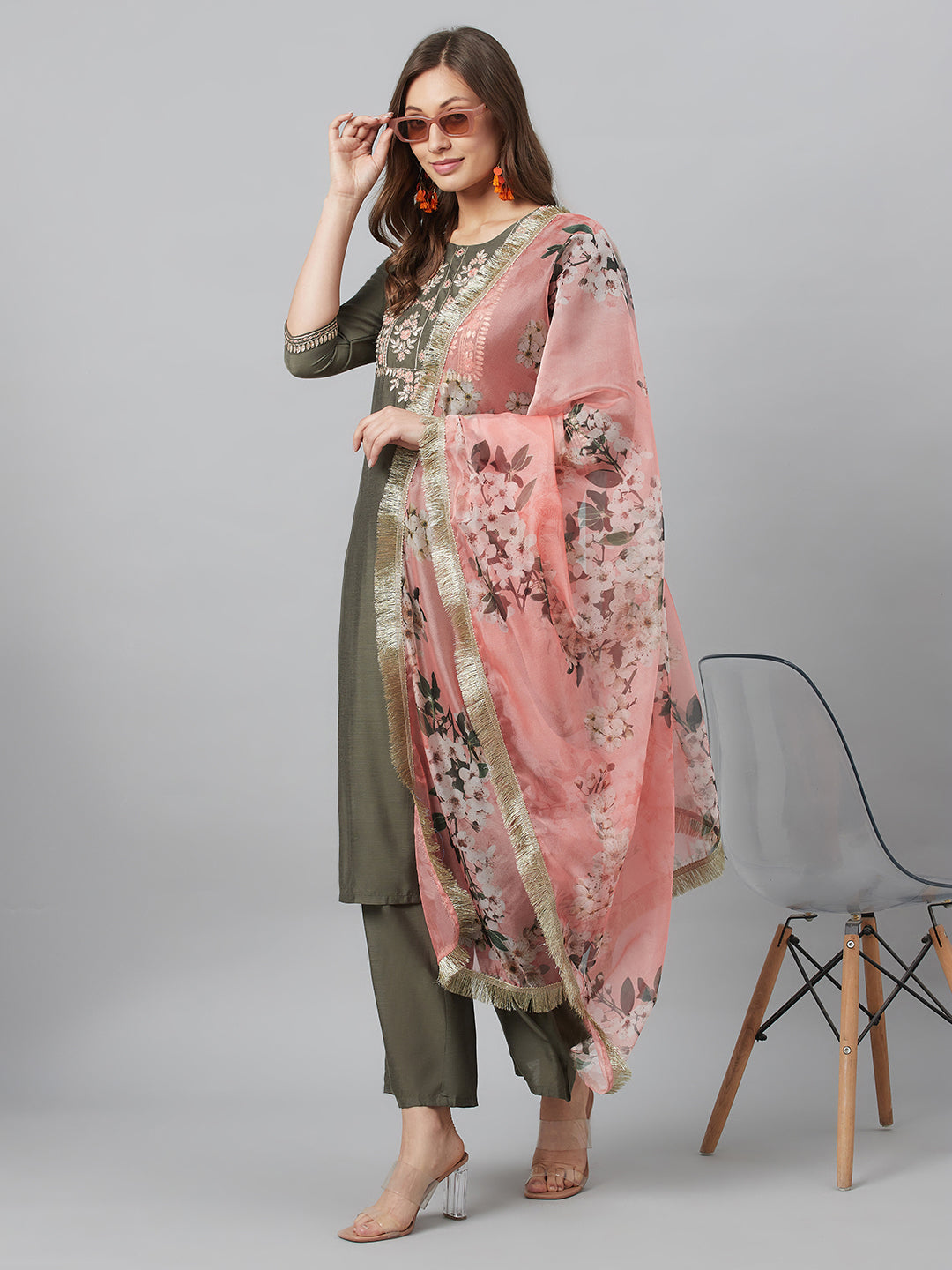 Grey Embroidered Kurta Palazzo With Dupatta - Elganza