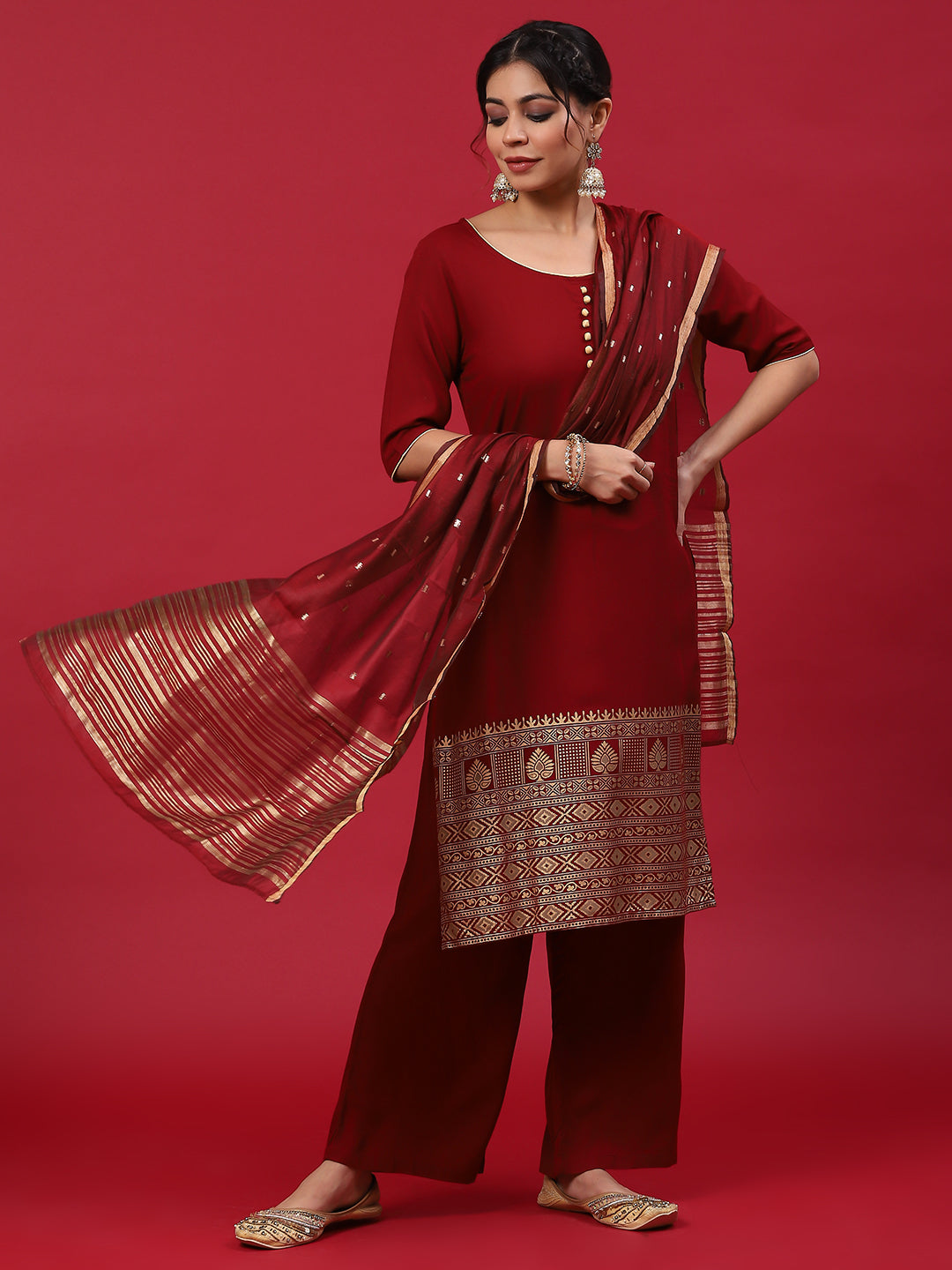 Maroon Printed Kurta Palazzo With Dupatta - Elganza
