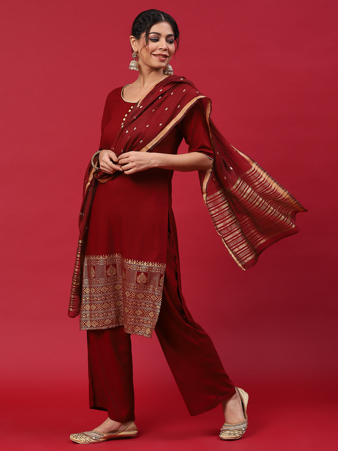 Maroon Printed Kurta Palazzo With Dupatta - Elganza