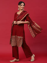 Maroon Printed Kurta Palazzo With Dupatta - Elganza