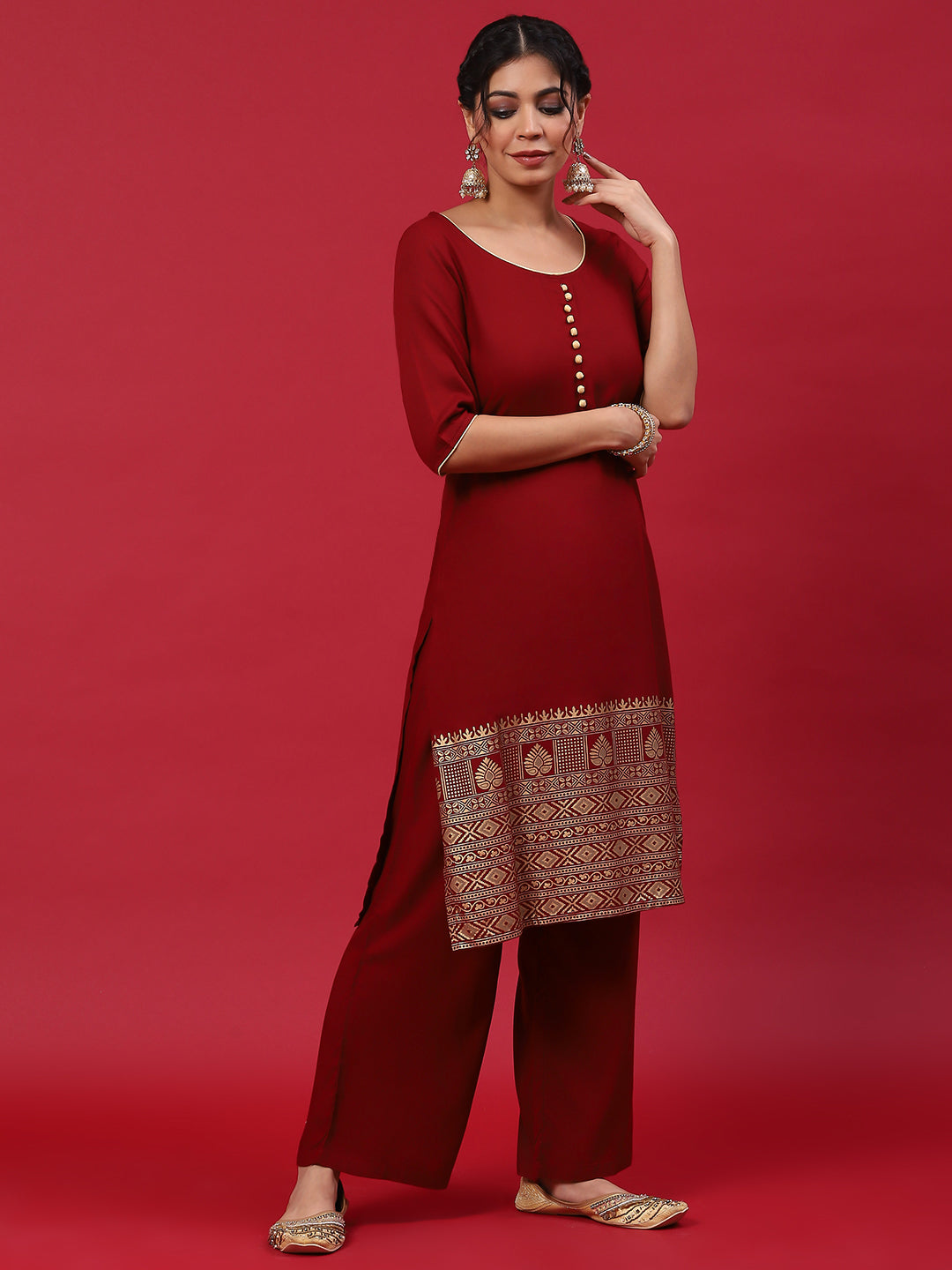 Maroon Printed Kurta Palazzo With Dupatta - Elganza