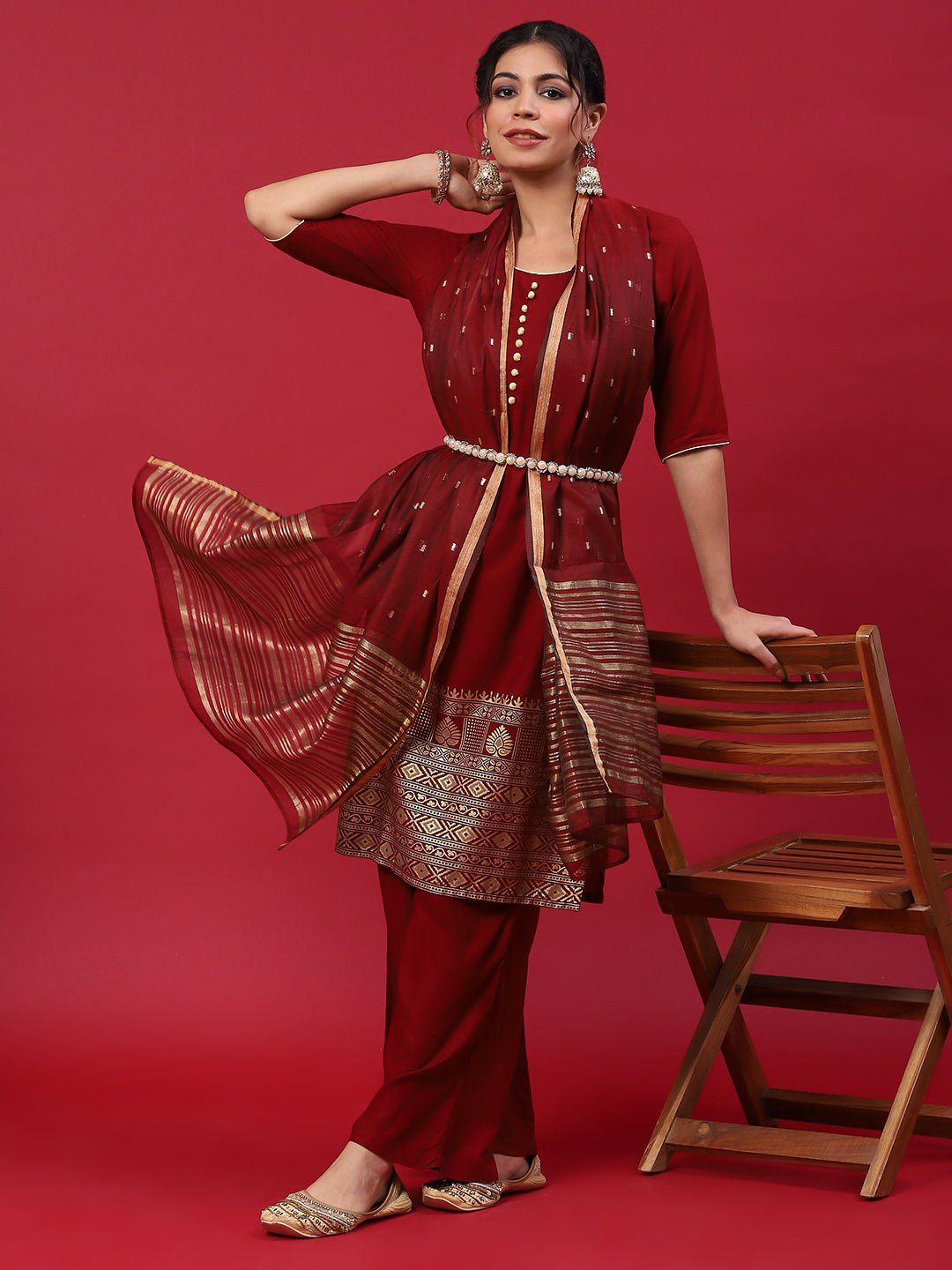 Maroon Printed Kurta Palazzo With Dupatta - Elganza