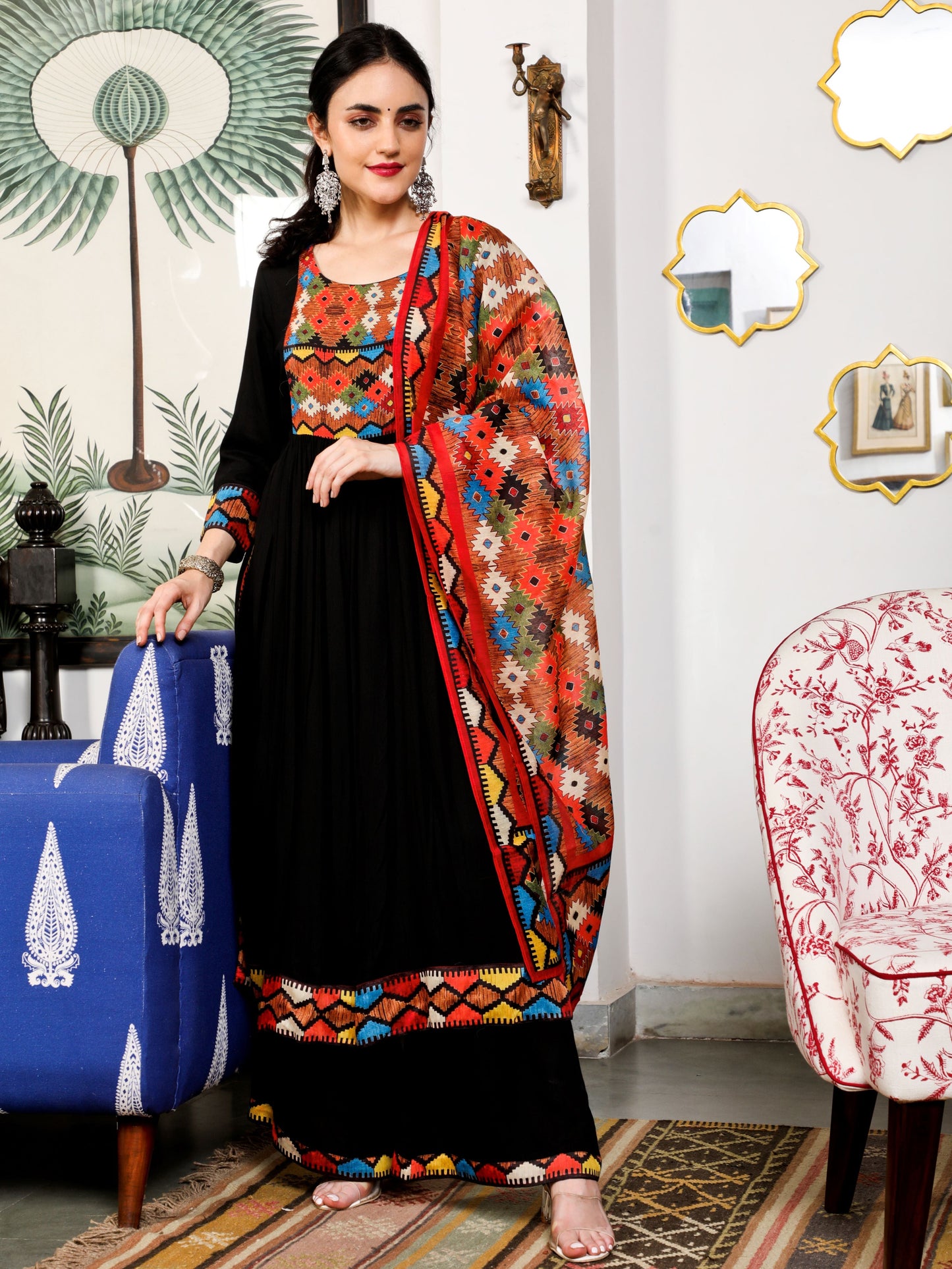 Black Printed Nyra Cut Kurta with Palazzo - Elganza