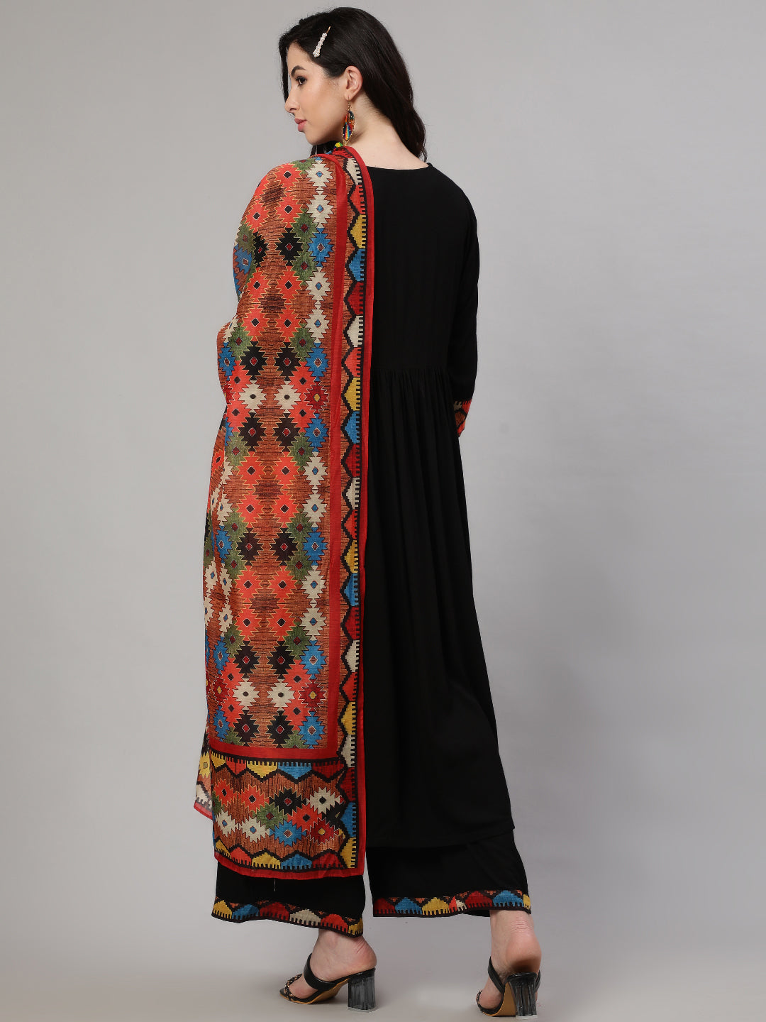 Black Printed Nyra Cut Kurta with Palazzo - Elganza