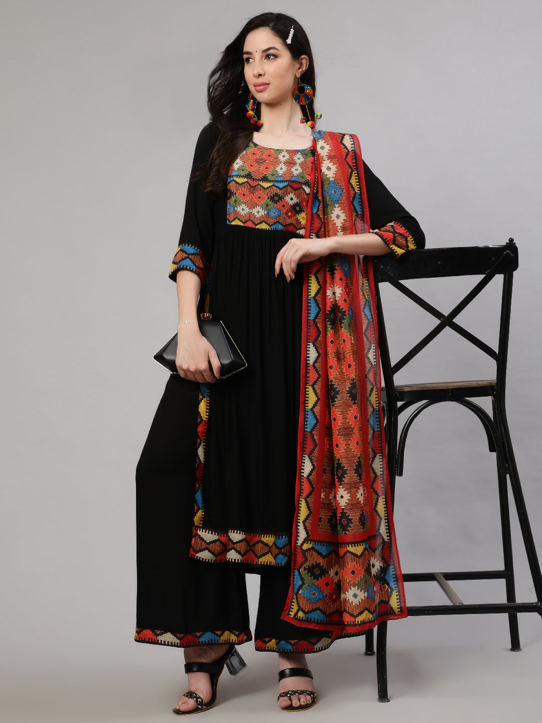Black Printed Nyra Cut Kurta with Palazzo - Elganza