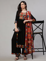 Black Printed Nyra Cut Kurta with Palazzo - Elganza