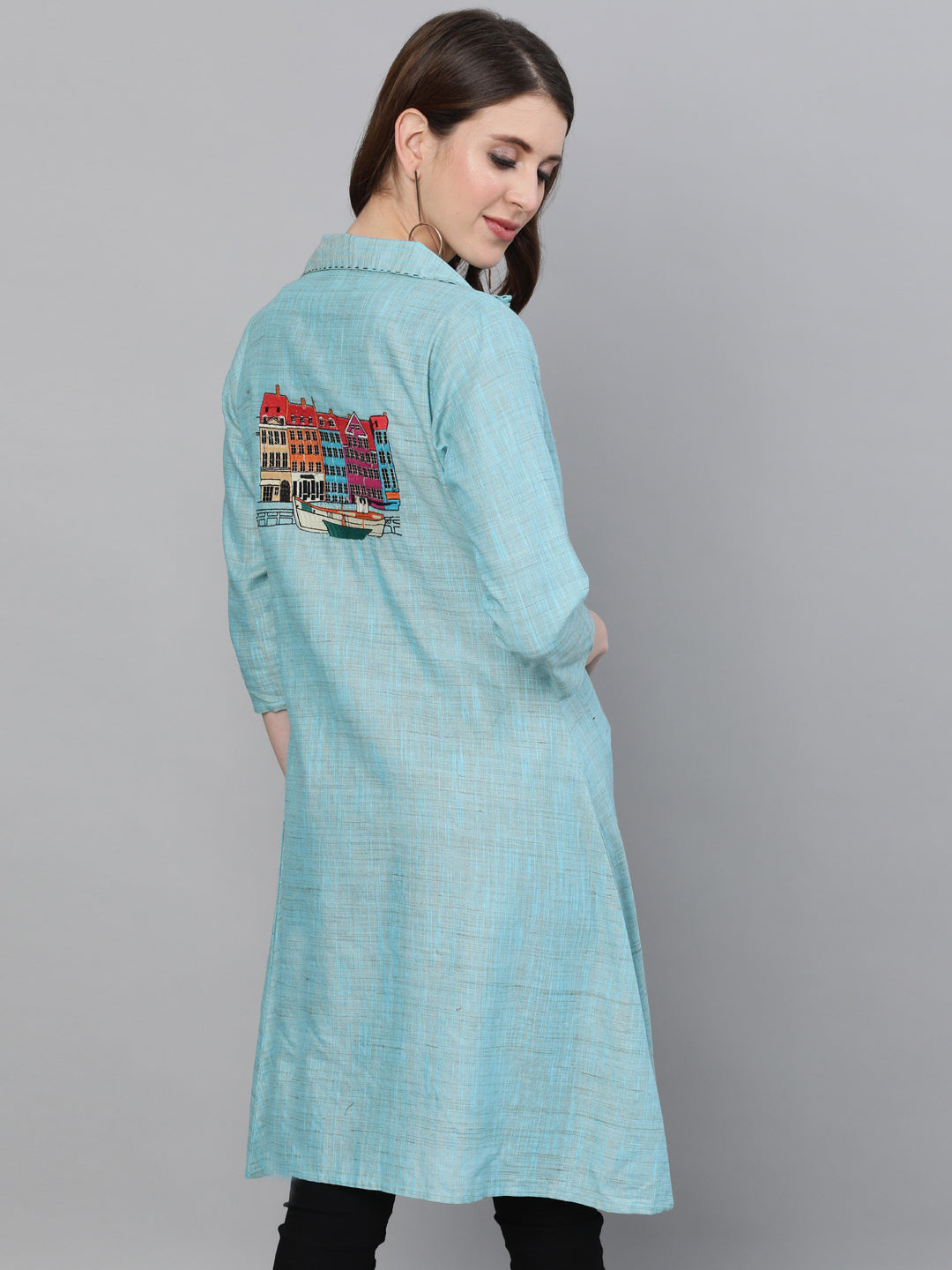 Blue Notched Lapel Jacket With Embroidery Detail - Elganza
