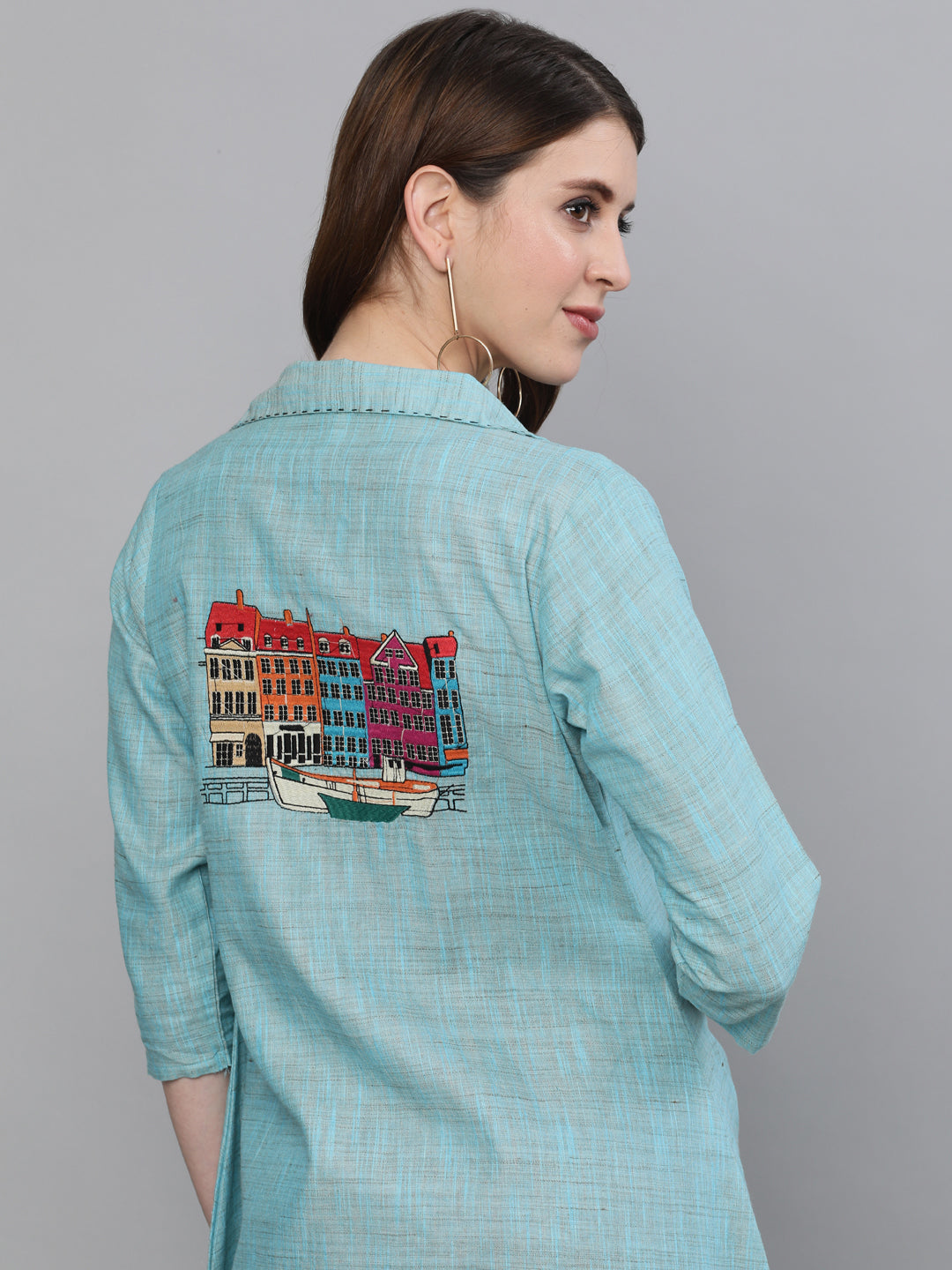 Blue Notched Lapel Jacket With Embroidery Detail - Elganza