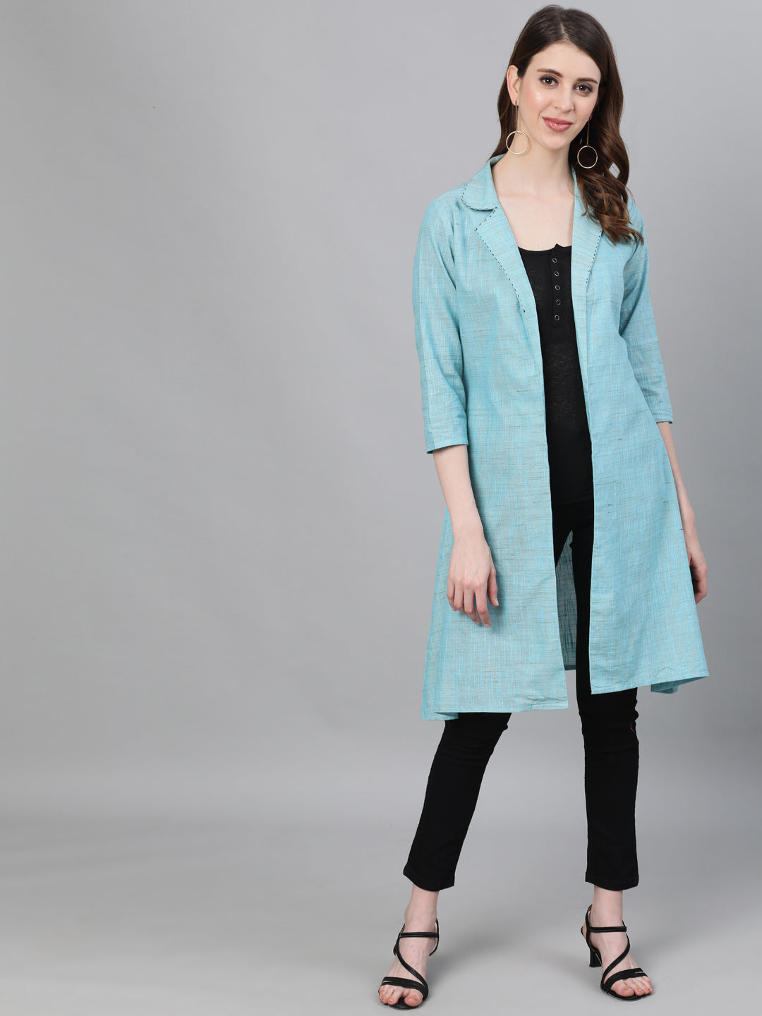 Blue Notched Lapel Jacket With Embroidery Detail - Elganza