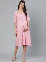 Pink Printed Empire Dress - Elganza