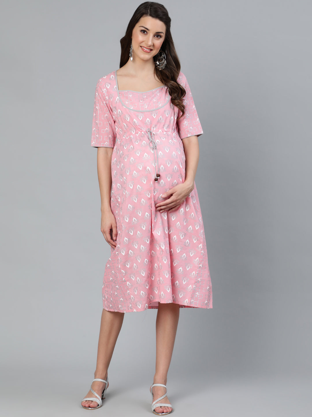 Pink Printed Empire Dress - Elganza