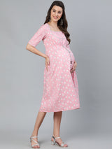 Pink Printed Empire Dress - Elganza