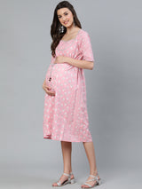 Pink Printed Empire Dress - Elganza