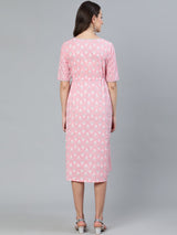 Pink Printed Empire Dress - Elganza
