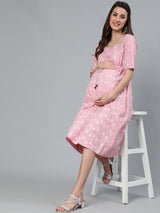 Pink Printed Empire Dress - Elganza