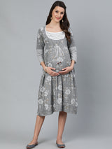Grey Floral Print Dress - Elganza