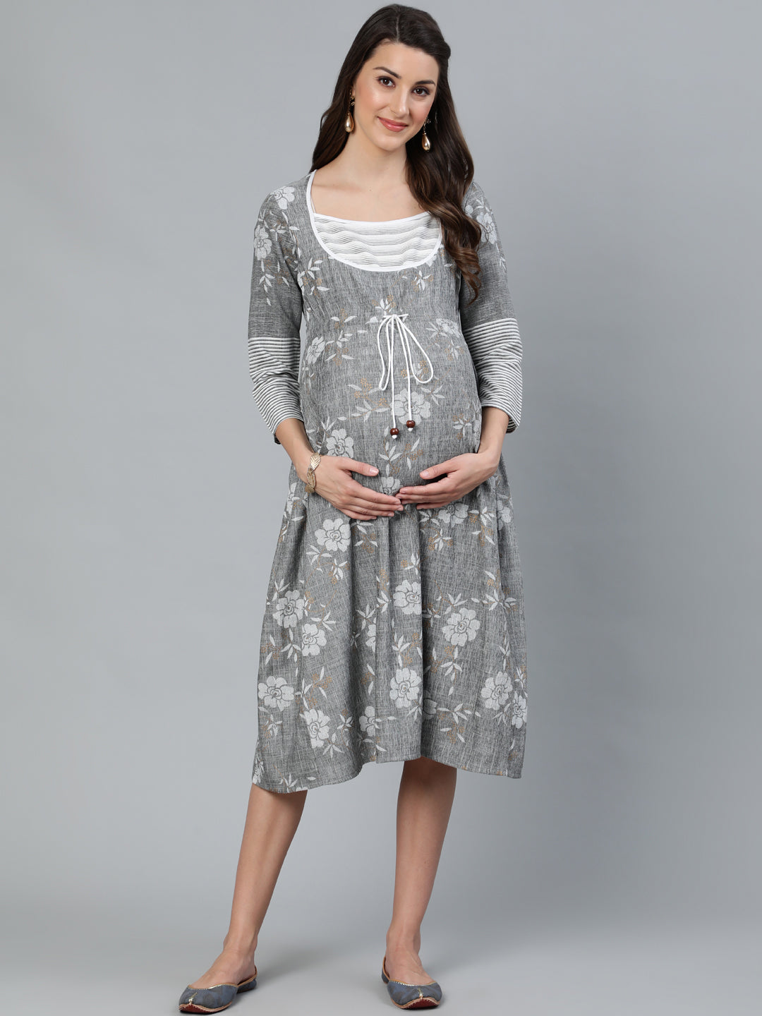 Grey Floral Print Dress - Elganza