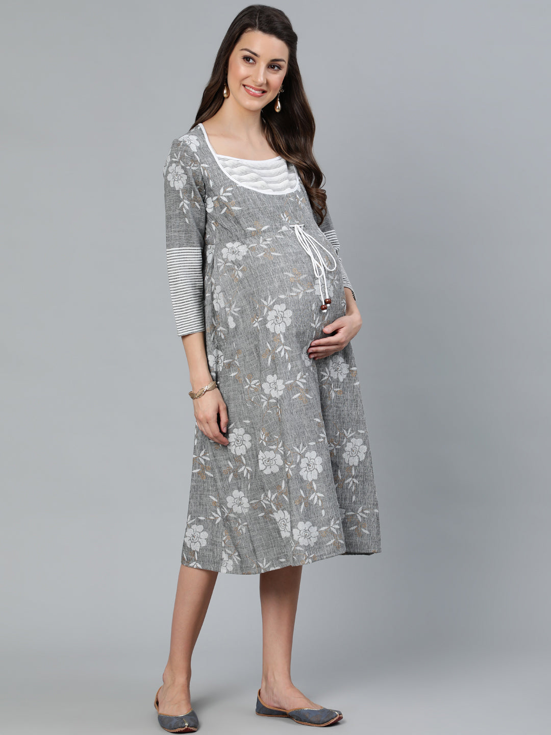 Grey Floral Print Dress - Elganza