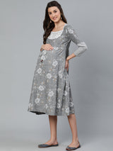 Grey Floral Print Dress - Elganza