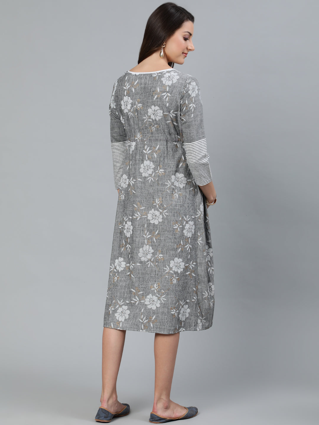 Grey Floral Print Dress - Elganza