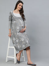 Grey Floral Print Dress - Elganza