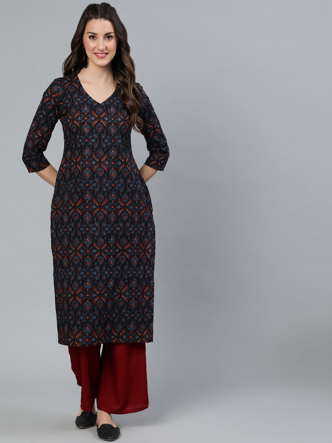 Navy Blue Printed Straight Kurta - Elganza