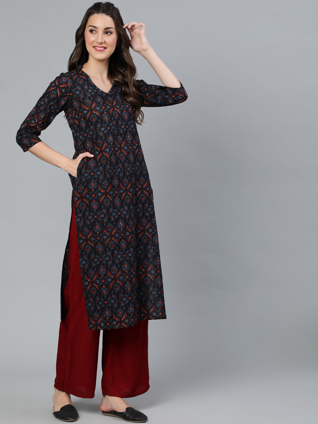 Navy Blue Printed Straight Kurta - Elganza