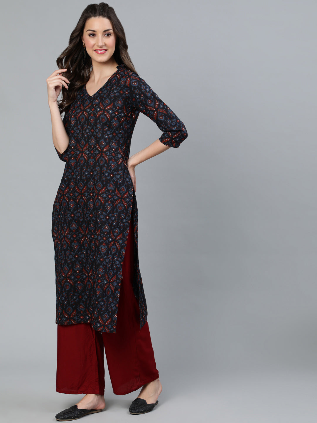 Navy Blue Printed Straight Kurta - Elganza