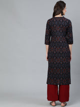 Navy Blue Printed Straight Kurta - Elganza