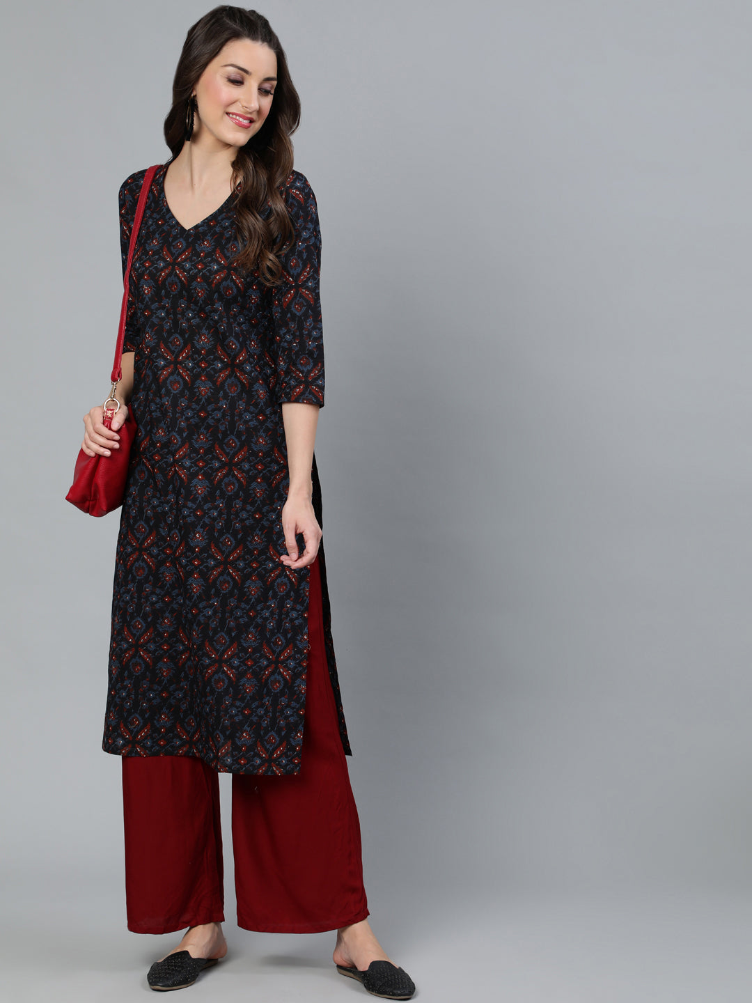 Navy Blue Printed Straight Kurta - Elganza