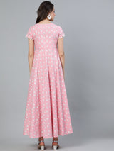 Pink Printed Flared Maxi Dress - Elganza