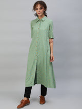 Green  Printed Button Down A-Line Kurta - Elganza