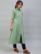 Green  Printed Button Down A-Line Kurta - Elganza