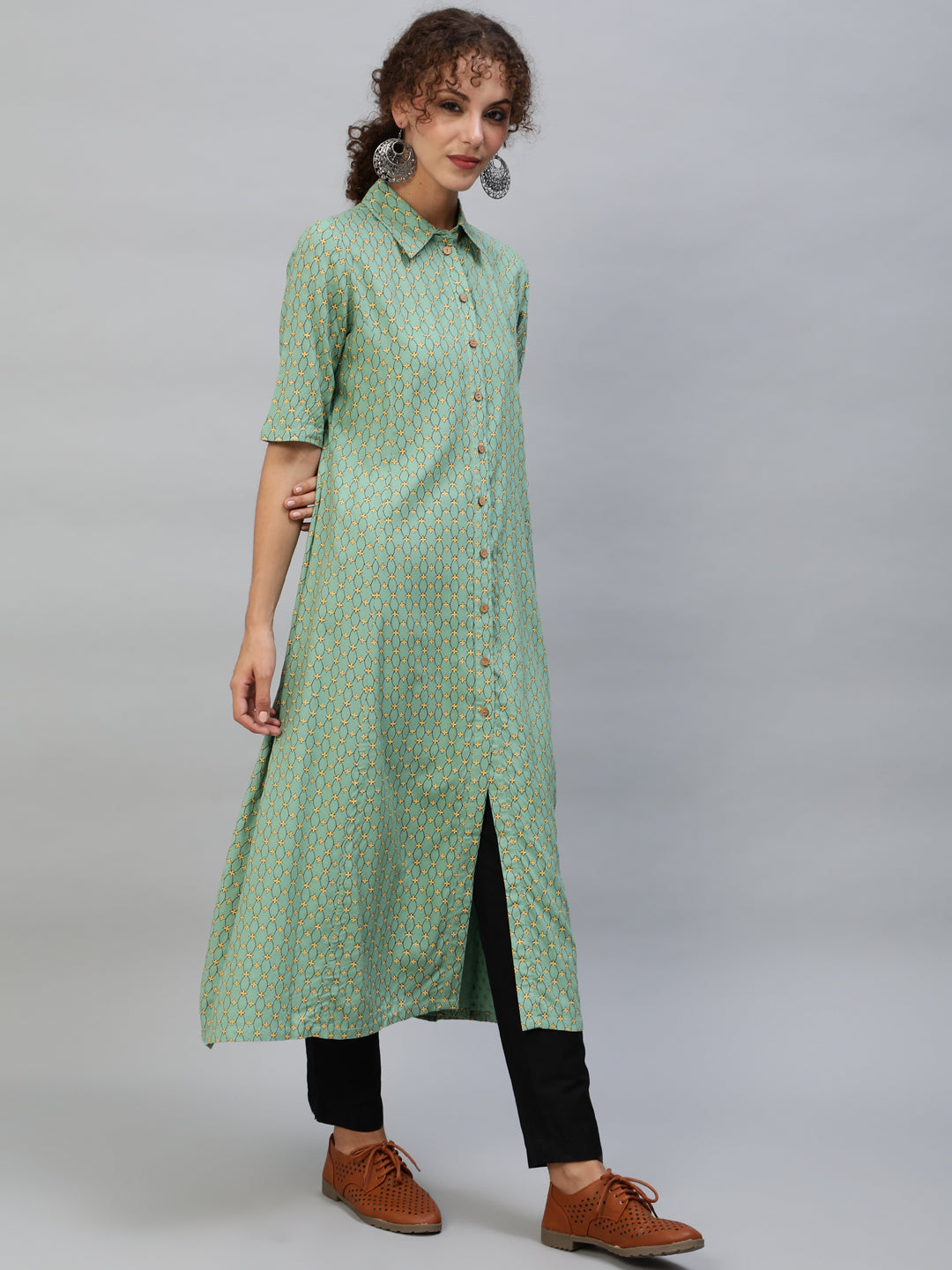Green  Printed Button Down A-Line Kurta - Elganza