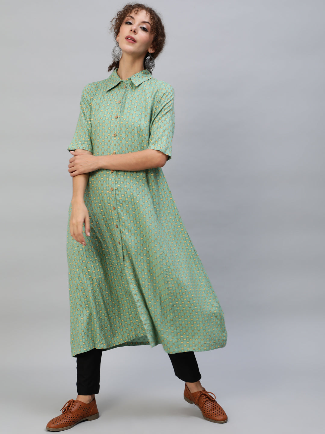 Green  Printed Button Down A-Line Kurta - Elganza