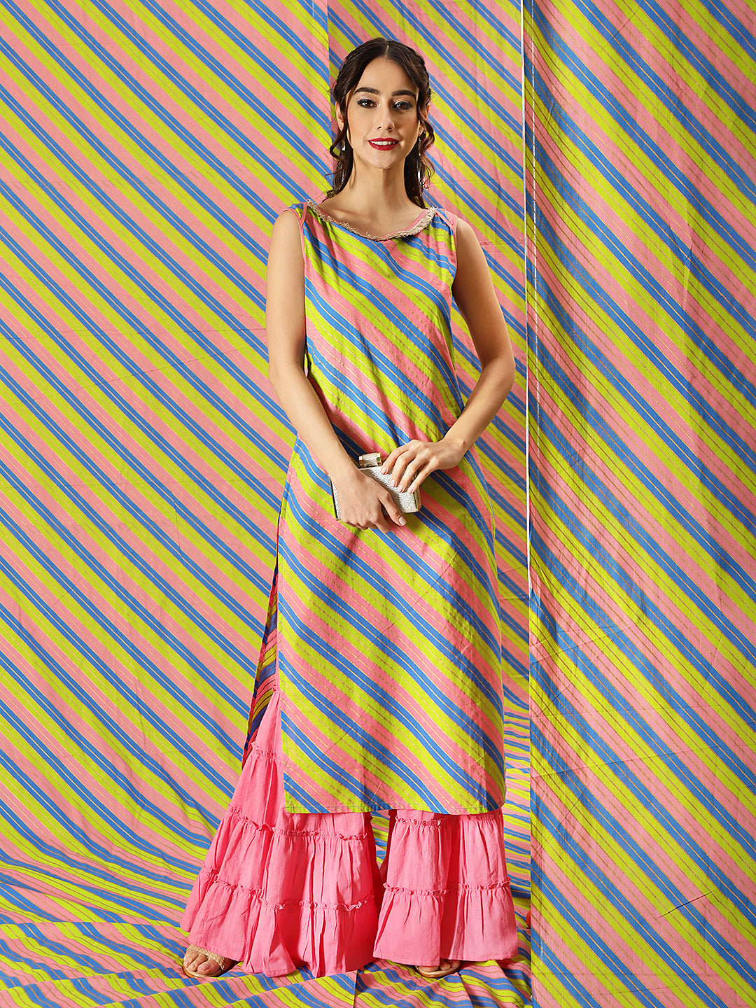 Pink & Green Leheriya Print Kurta - Elganza