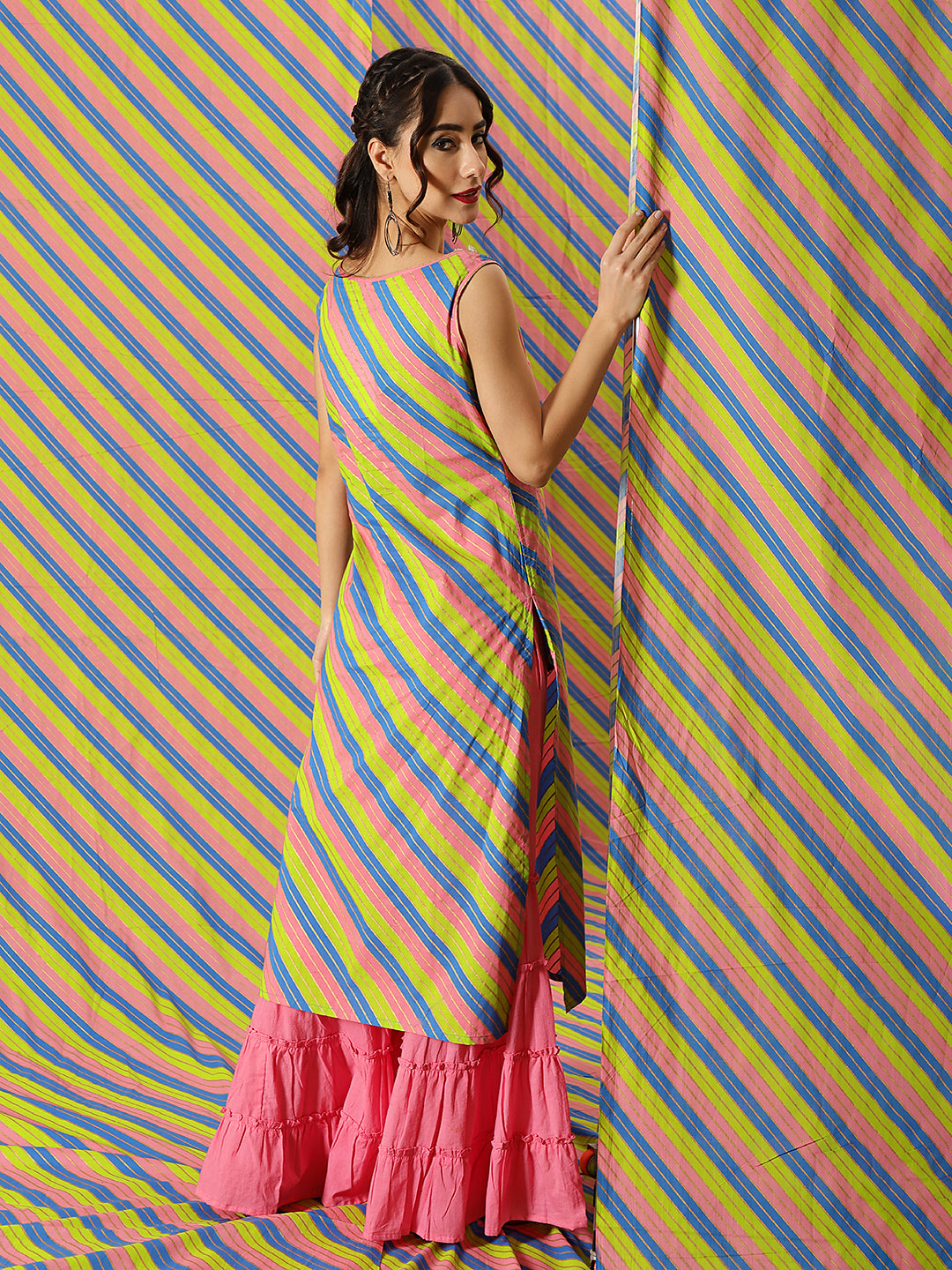 Pink & Green Leheriya Print Kurta - Elganza