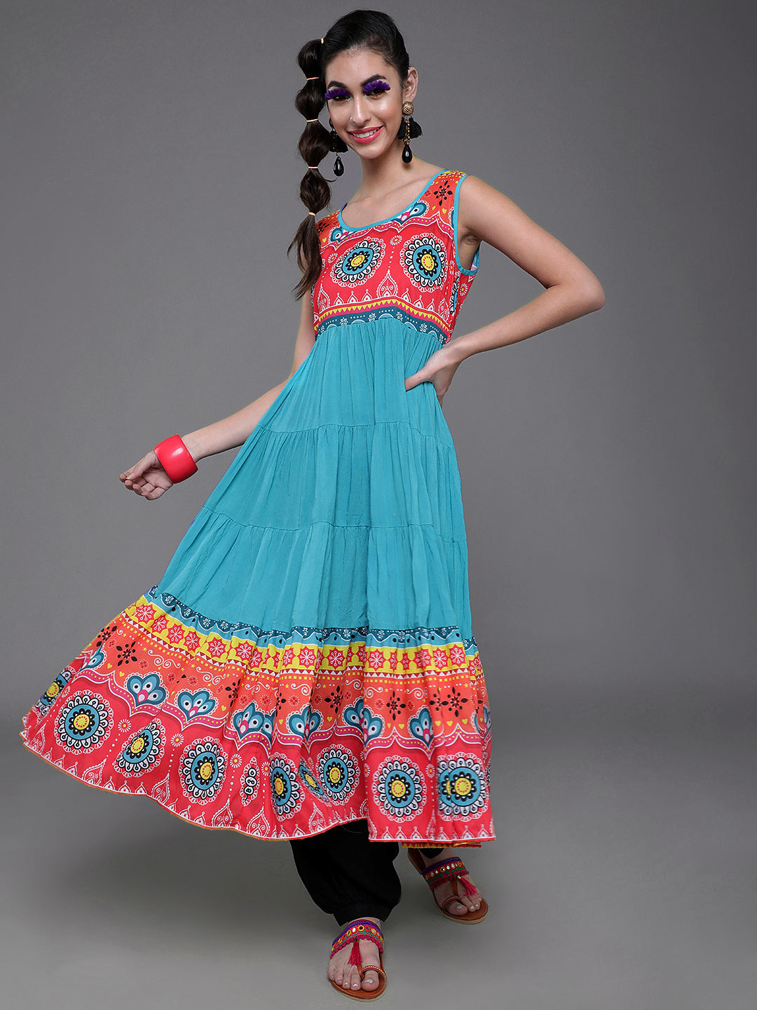 Blue & Red Printed Tiered Anarkali - Elganza