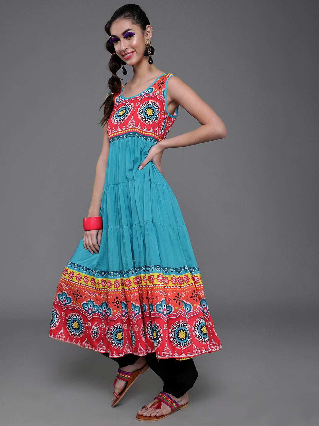 Blue & Red Printed Tiered Anarkali - Elganza
