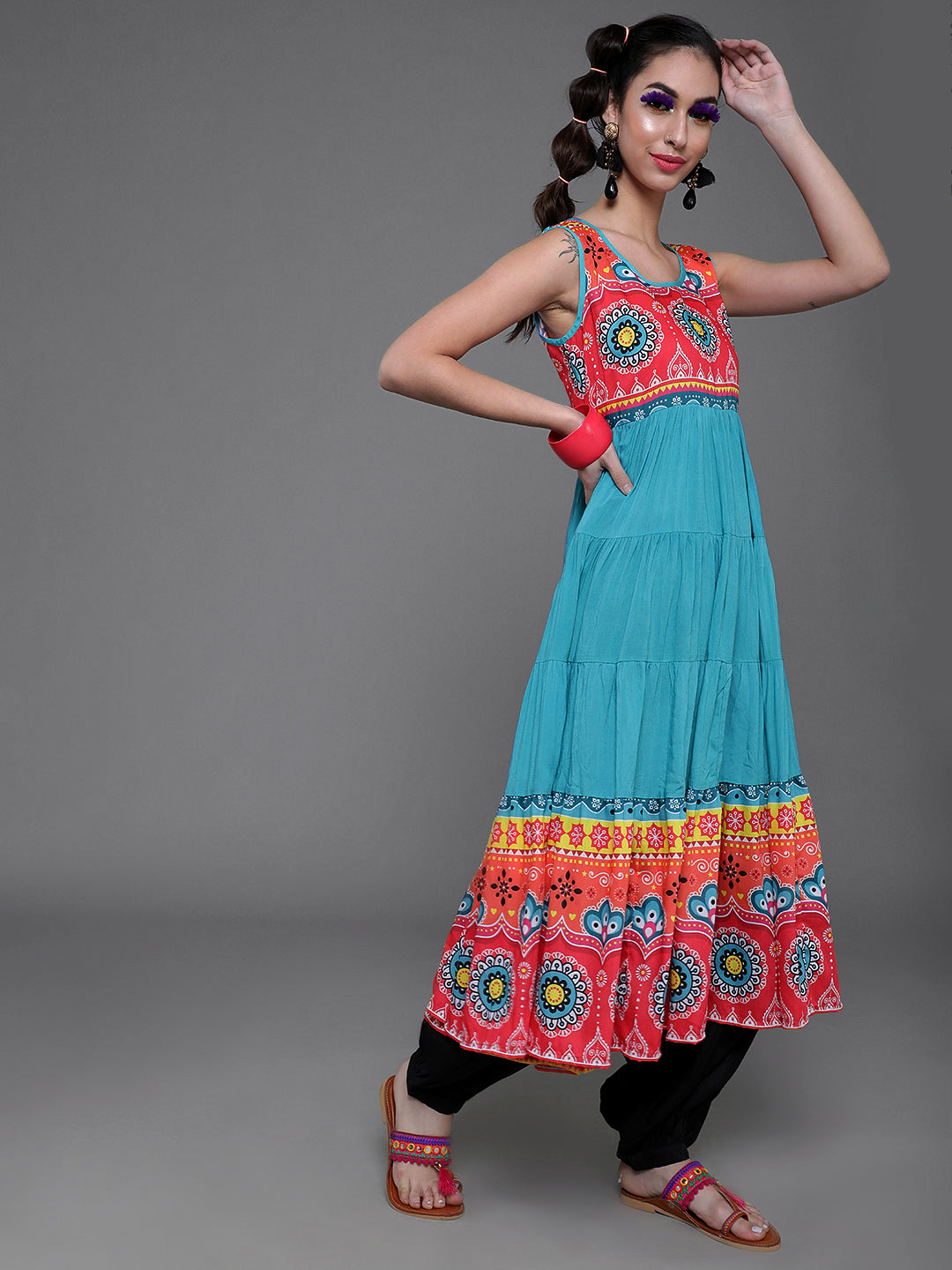 Blue & Red Printed Tiered Anarkali - Elganza