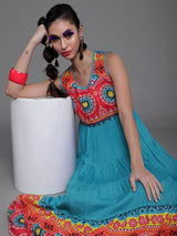 Blue & Red Printed Tiered Anarkali - Elganza