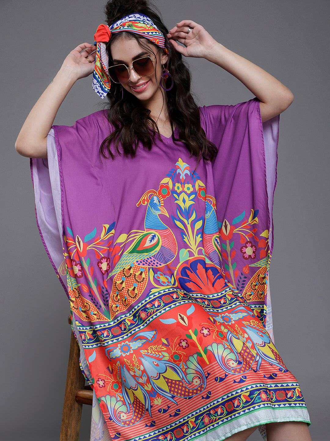 Purple Abstract Print Kaftan Dress - Elganza