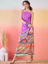 Purple Abstract Print Slit Maxi Dress - Elganza