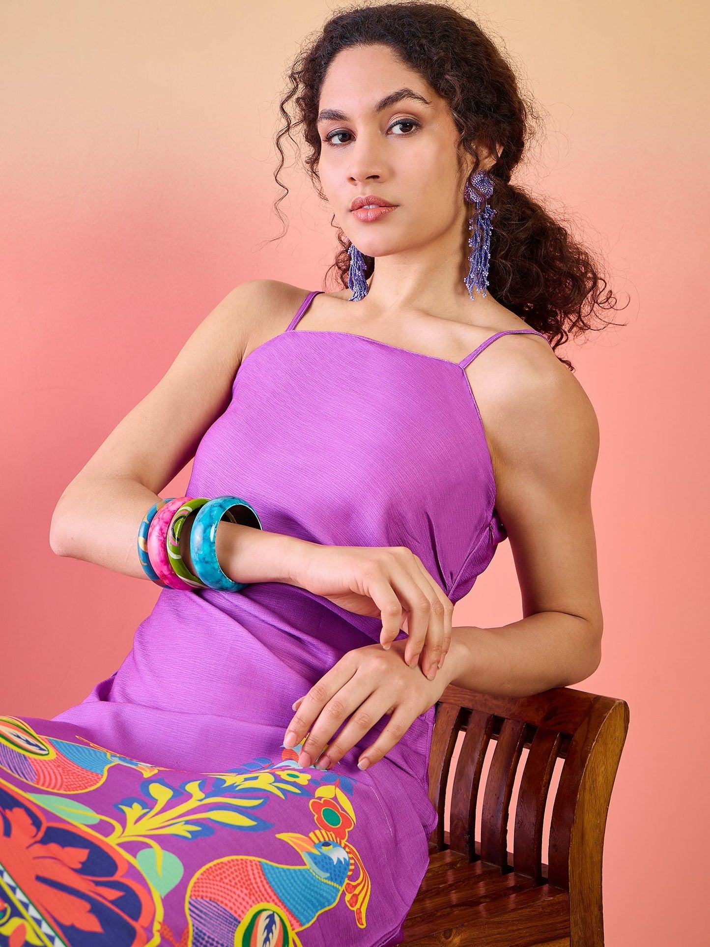 Purple Abstract Print Slit Maxi Dress - Elganza