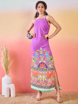 Purple Abstract Print Slit Maxi Dress - Elganza